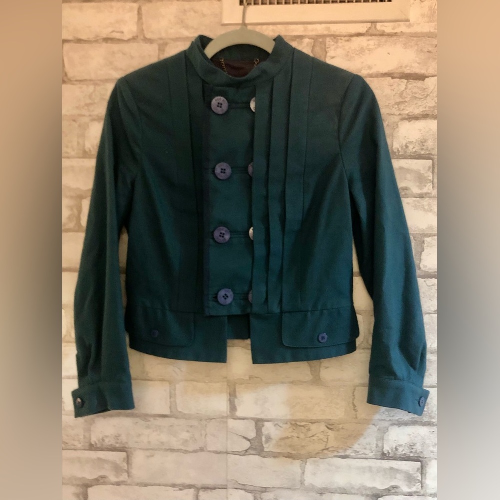 SEE By Chloe Dark Teal Cotton Pleated Double Breasted Cropped Jacket Sz 6